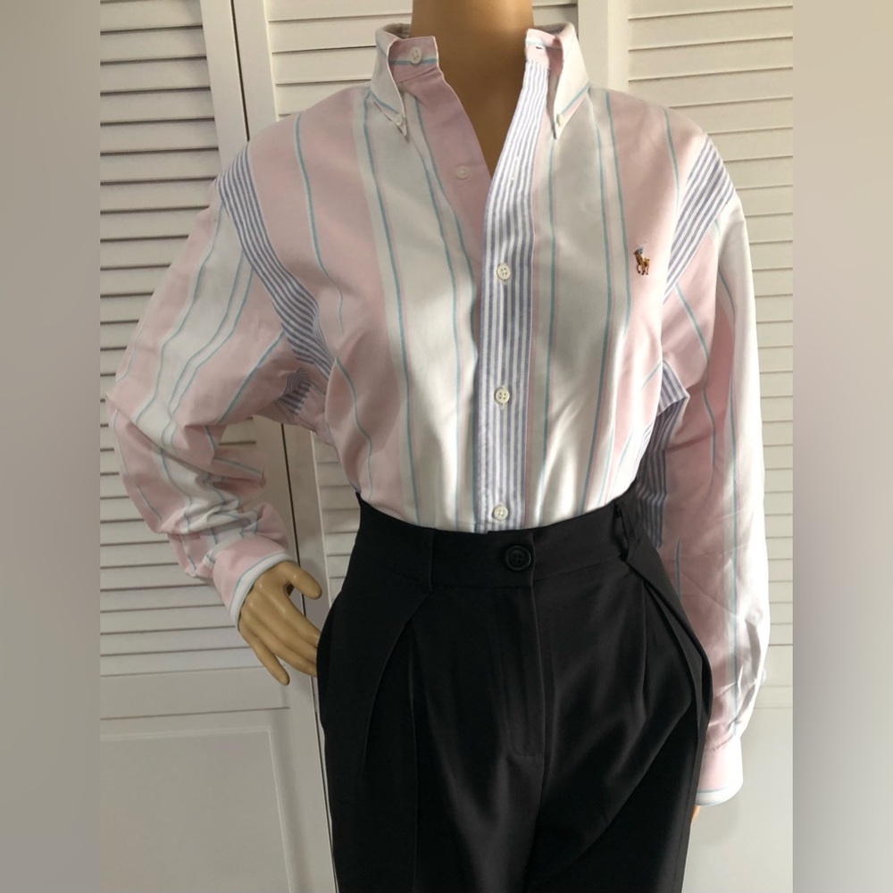 Ralph Lauren Pastel Pink, White oaxford & Light Blue Striped Button-Down Shirt - Picture 2 of 9